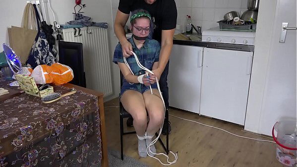 Trashy Teen Luna Grey Rope bondage wrap gagged