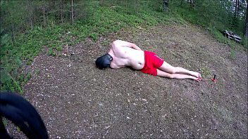 Outdoor breathplay selfbondage scenario