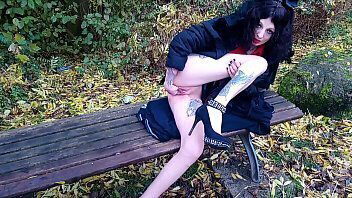 Satanic slut selffisting public park