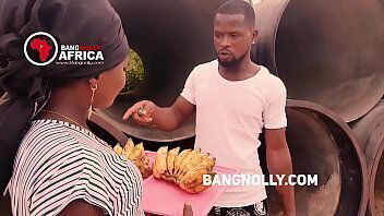 A lady who sales Banana got fucked by a buyer -while teaching him on how to eat the banana