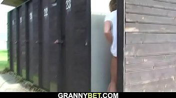 Stranger fucks busty blonde granny on public