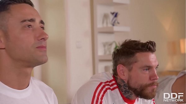 Three soccer fans bang super sexy Redhead Berger balls deep gangbang