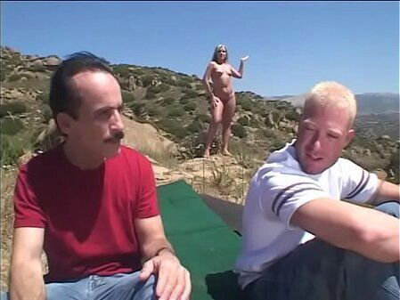 Juicy blonde Flower Tucci likes dance naked drilled couple horny dudes outdoors