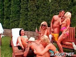 Soaked pussy feast at an extravagant lesbo sex party