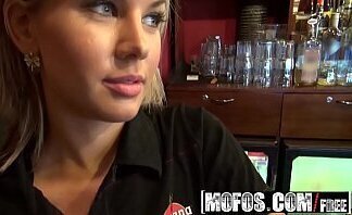 Blonde barmaid (Rihanna Samuel) gets fucked backroom Mofos