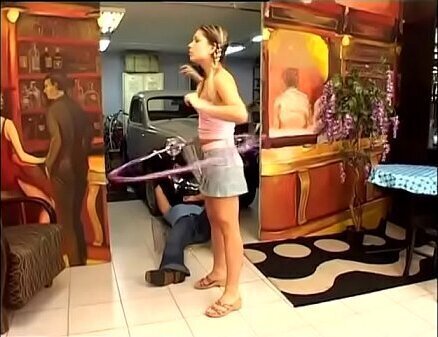 Young blondie Renata pigtails shows cocksucking skills before riding mechanic'_s hard tool