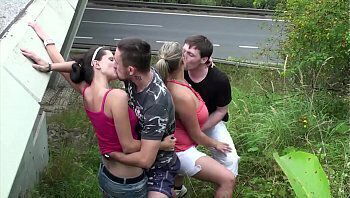 chubby girl with extreme public foursome highway