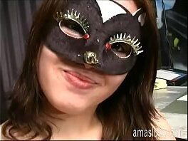 Sweet smiley masked girl jerking