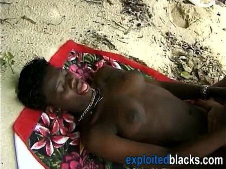 Black vixen with firm body hairy pussy rides white dick beach