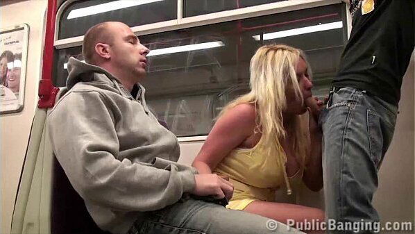 Subway train PUBLIC gangbang threesome with girl with