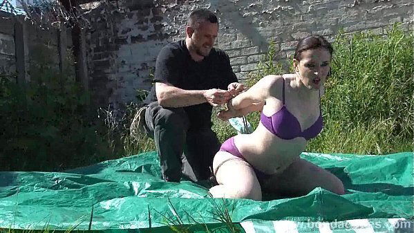 Outdoor bondage cloth gagging dominated submissive Caroline Pierce
