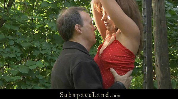 Lora restrained in the woods for being spanked and fucked