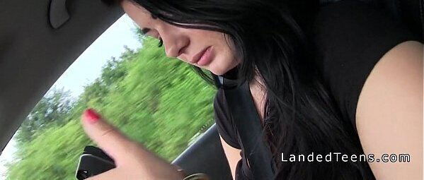 Stranded teen giving handjob while driving