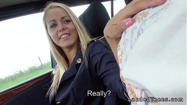 Blonde stewardess with nice legs gives blowjob