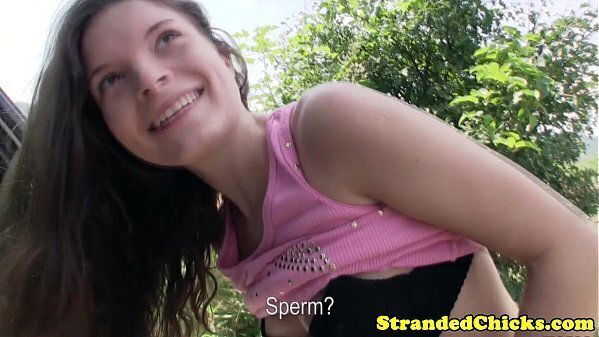 Hitchhiking petite receives cumshot clit