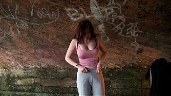 Stripping amateur Holly Kiss flashing public under railway bridge