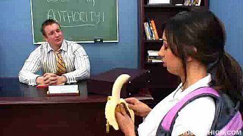 sexy brunette girl seduces teacher eating banana before getting fucked