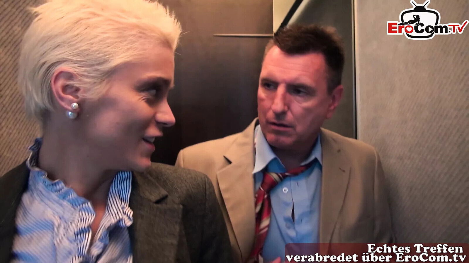German blonde MILF with short hair does elevator