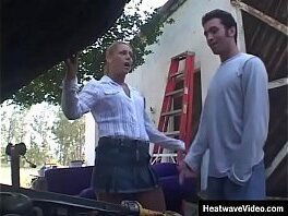 Fantastic MILF tight shirt mini skirt make life very interesting young mechanic