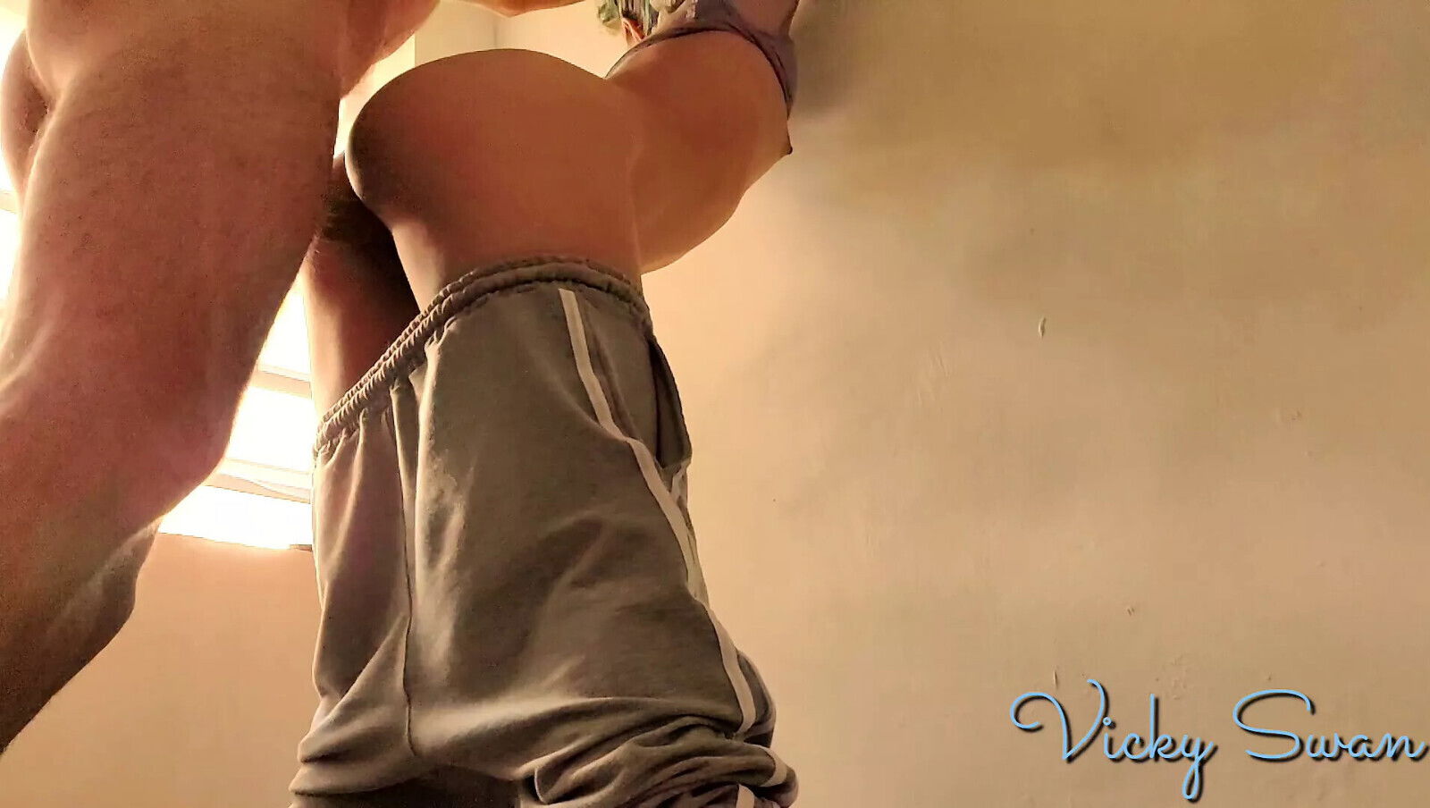 Athletic teen sweatpants fucks standing against wall