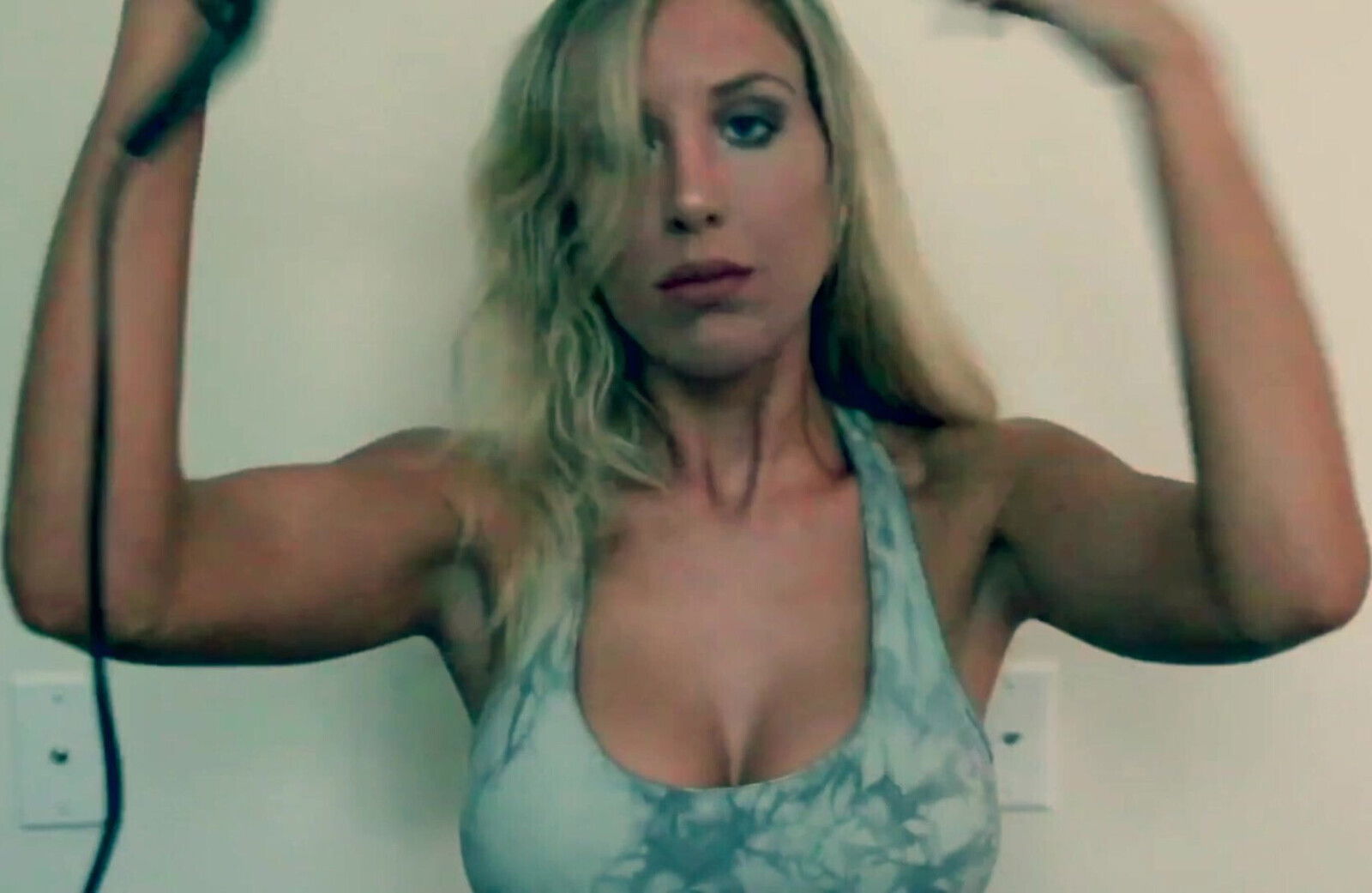 Sexy Blonde with nice cleavage Blow drying Caslon