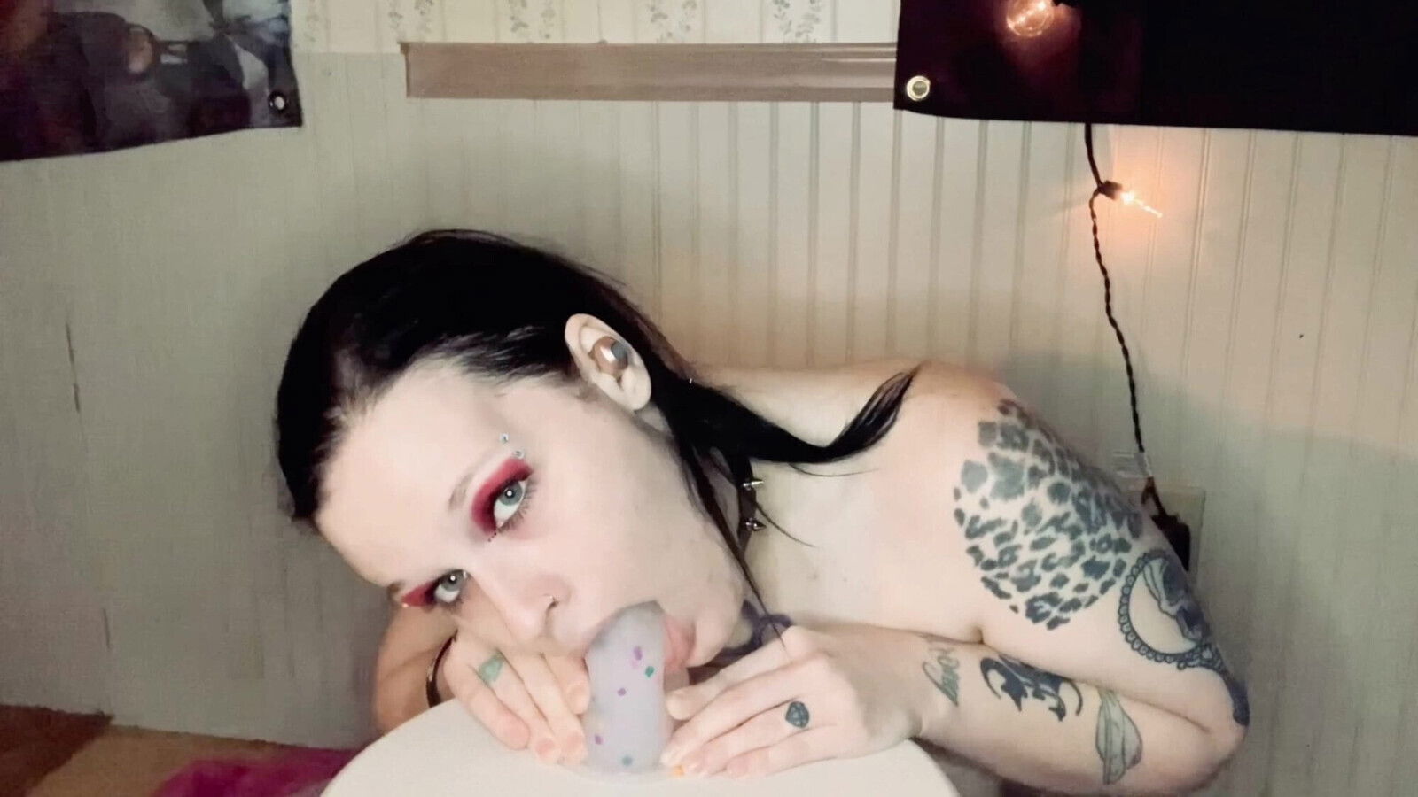 Slut GothBunny gagging dildo