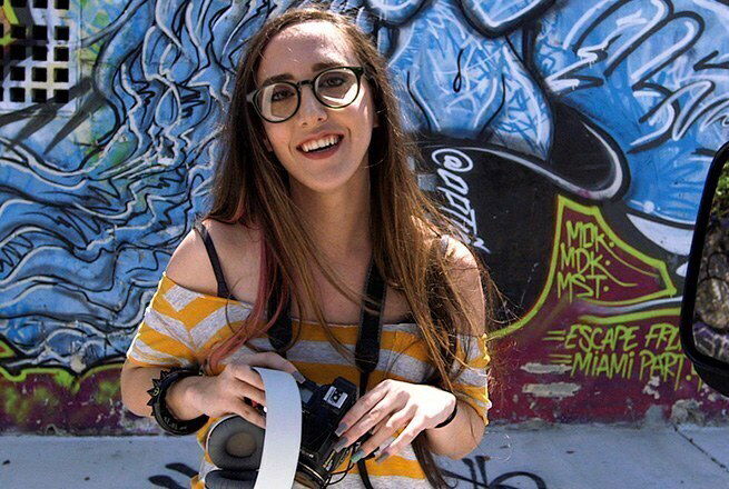 Amateur with glasses gets fucked on BangBus