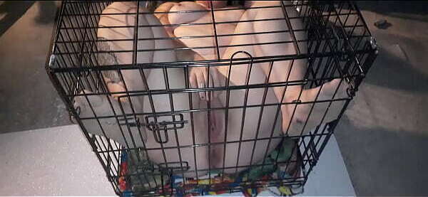 slave plays with herself while locked inside cage