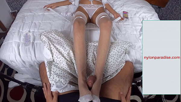 Adriana Lima white stockings footjob cumshot nylon feet soles cute string thong