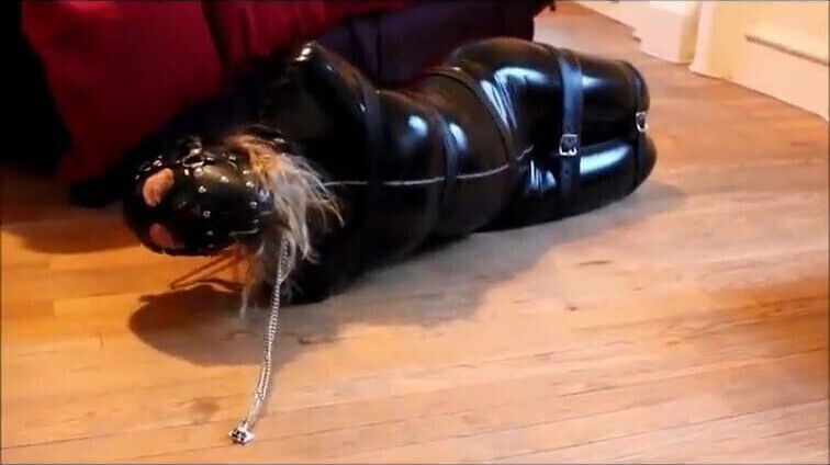 Latex Masked Girl Hogtied Catsuit Muzzle Gagged