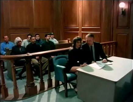 Busty blonde floozie Kathy Willets helps perverted judge realize dirty desire with young cute darkhaired state defendant Christi Lake shoots their funny games hidden