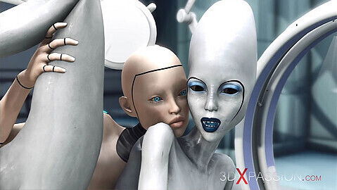 Female android plays with alien sci-fi