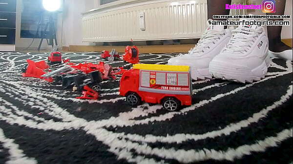 Crush smashes fire cars ballerinas sneakers heels Nylons Girl totally destroys fire engines smashes cars with different shoes ballerinas sneakers heels