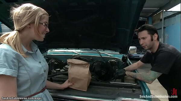 Big cock mechanic fucks bound blonde