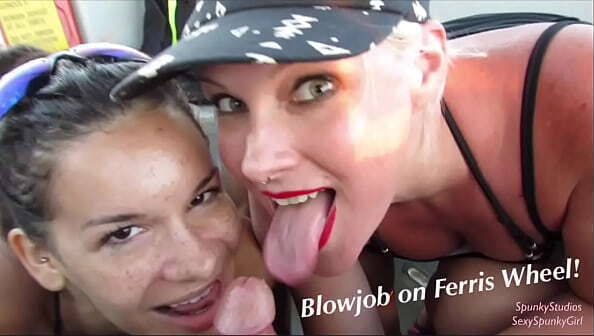 Girls Suck Ferris Wheel! Super Risky Double Blowjob Public!
