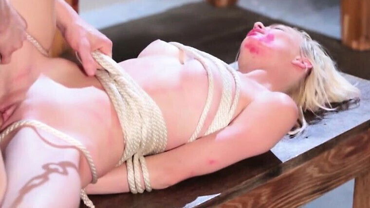 Skinny teen blonde Maddy Rose roped banged real hard