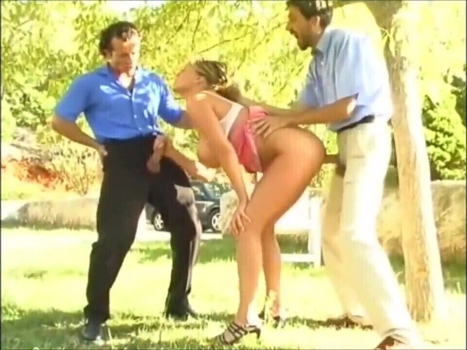 Krystal De Boor teases two guys with her tits until they fuck her