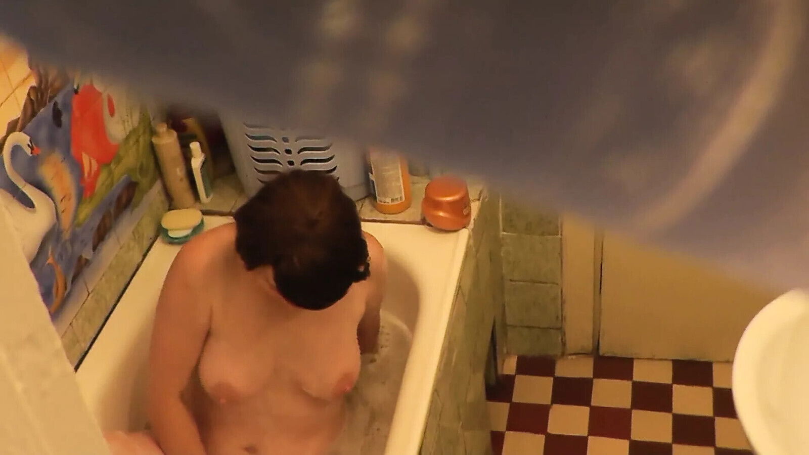 Stepmom goes bathroom, wanks pussy, Student stepson spies