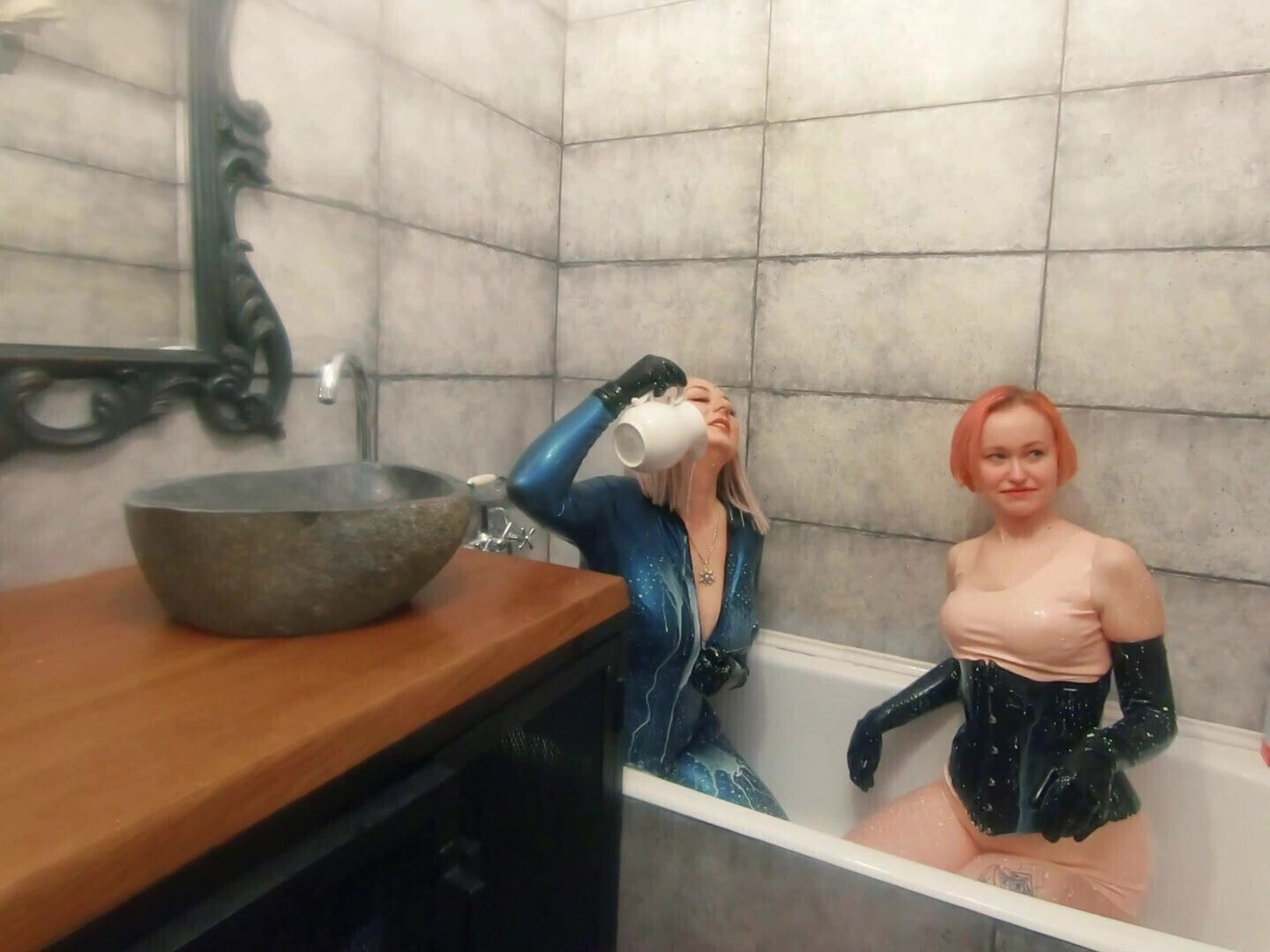 Latex Rubber bathroom, lesbian latex petting milk