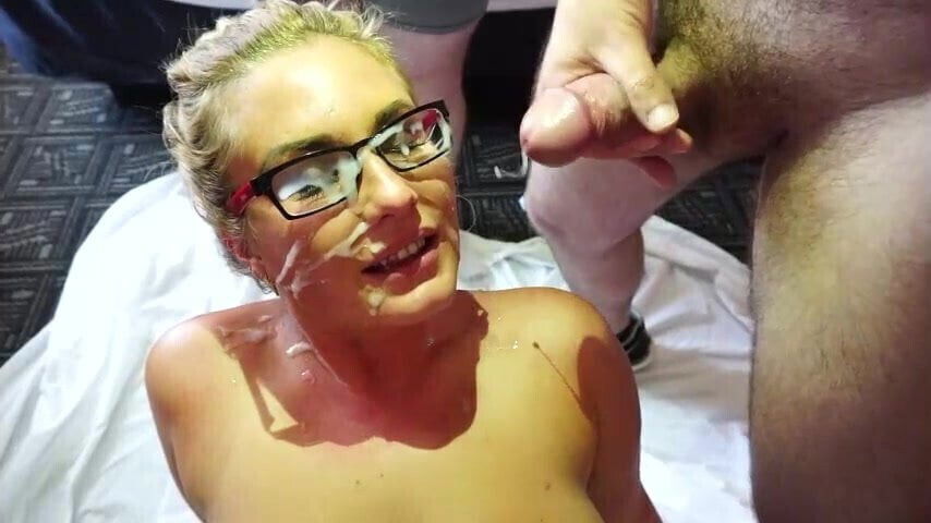 Chubby blonde with glasses bukkake