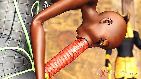 Ancient Egypt. Anubis plays with black girl temple