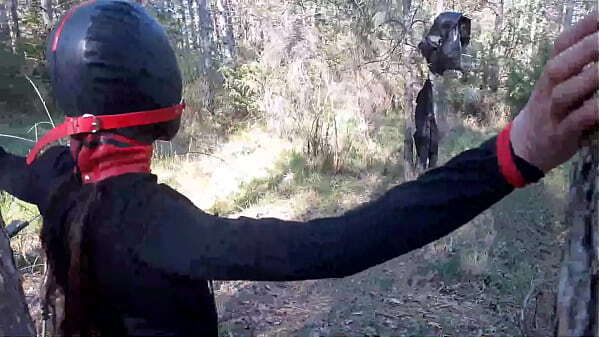 Tied tree outdoor sexy clothes, wearing pantyhose ankle boots heels