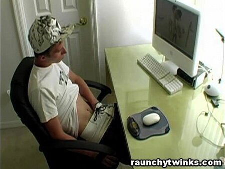 Cute blonde twink Caden watches porn