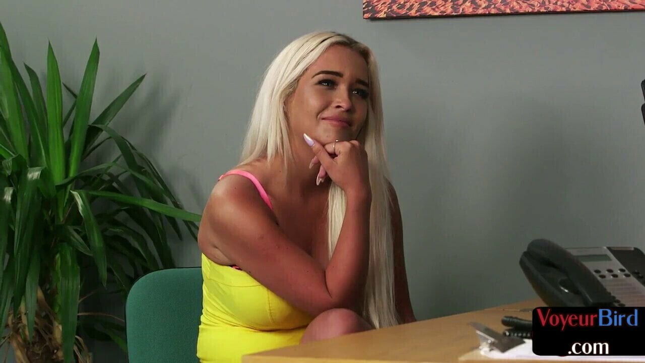 Busty Brit voyeur moaning during office session