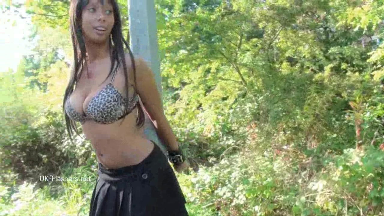 Ebony flasher Candy Canes outdoor masturbation and public nudity of black teen toying in dildo pleasures for voyeurs