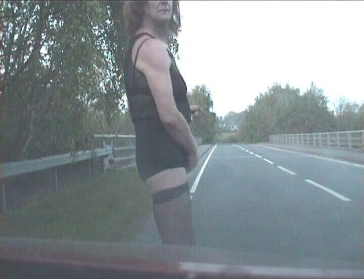 Exhibitionist tranny whore, see-thru on the streets again