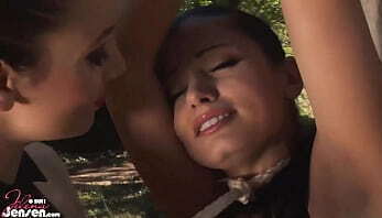 Dominatrix Jelena Jensen Binds Aria Giovanni To A Tree Outdoors!