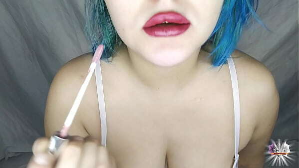 Mouth fetish, paint lips with lipstick
