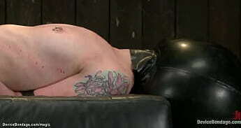 Chained blindfolded slut suspended