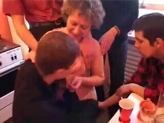 Saggy Granny Takes Four Young Cocks